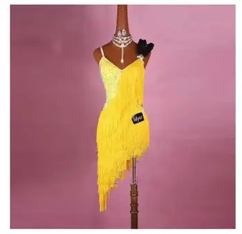 Naujas Lotynų Šokių Suknelė Moterims Konkurencijos Kostiumai Užsakymą Praktikos Sijonai Spindi Krištolo Geltona Storio Kutais Lotynų Sukneles