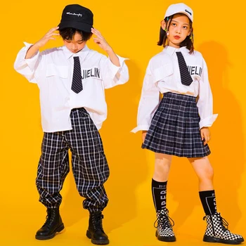 Vaikų Šokių Hip-Hop Šokių Drabužiai, balti Marškinėliai Pledas Sijonas Kelnės Berniukams Mergaičių uniformos Džiazo Šokio Kostiumas Dėvėti Drabužiai
