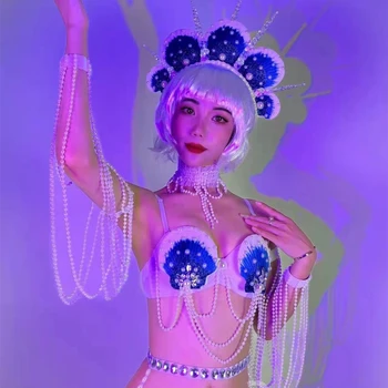 Šiuolaikinio šokio Undinė Vaidmenų Cosplay Kostiumų Shell Perlų Bikini galvos Apdangalai Kojų Movos Rave Komplektus Seksualių Naktinių Šokių Medžiaga
