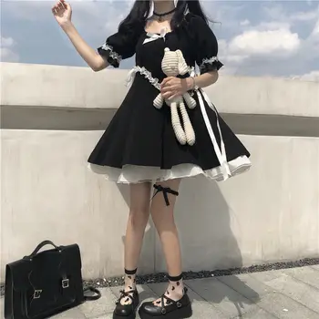 Gotikos derliaus Lolita little black dress Harajuku sluoksniuotos rankovėmis retro tarnaitė loli minkštas sesuo mielas retro Japonijos susiėmę suknelė