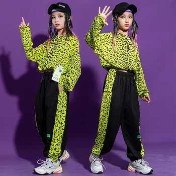 Merginos Džiazo Šokio Kostiumų Hip-Hop Drabužius Žalia Leopard Viršūnes Atsitiktinis Hip-Hop Kelnės Vaikams Hiphop Šiuolaikinės Apranga Etape Dėvėti BL5523