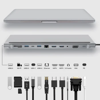 12 1 Dvigubas HDMI Adapteris USB C Doko stotis su VGA, RJ45 USB3.0 Audio SD/TF Kortelių Skaitytuvas Audio Lenovo/HP/Dell Tipas-C Nešiojamas kompiuteris