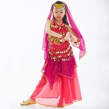 2018 naujas pilvo šokio kostiumai vaikams 7piece mados indijos drabužių raudona/rose/geltona arabijos pilvo šokėja kostiumai 2 Spalvos