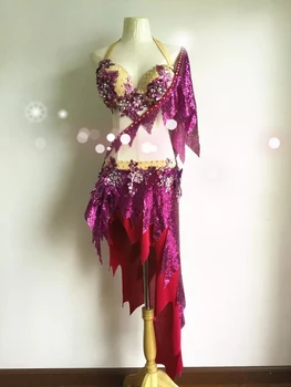 Naujas pilvo šokių drabužius Veiklos drabužius violetinė crystal liemenėlė viršų ir trumpas sijonas 2vnt mergaičių šokio kostiumą lady lotynų šokių kostiumas