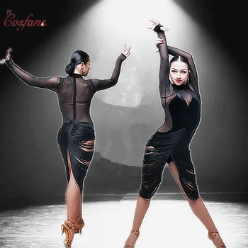 Lotynų suknelės šokiams Moterų lotynų šokių suknelė ilgomis rankovėmis profesinės kutas šokių kostiumai ašigalio šokių drabužiai