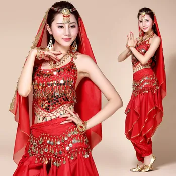 Naujausias moters Pilvo Šokio Kostiumai seksualus Bolivudas drabužius Indijos lady šokių suknelės Pigiai, 5 spalvų 5-6-7-8pcs rinkiniai