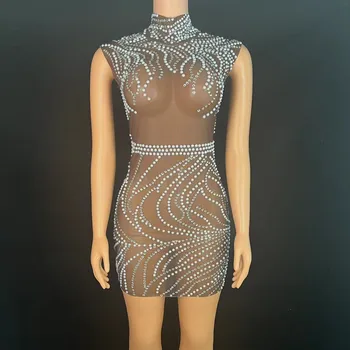 Sparkly Cirkonio Pearl Skaidrus Bodycon Mini Suknelė Su Sexy Tinklelio, Be Rankovių Etape Dėvėti Moterims Gimtadienio Švęsti Šalis Kostiumas