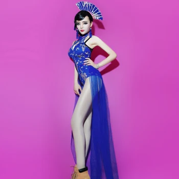 Moterų Kinų Stiliaus Cheongsam Dree Su Nugaros Ilgai Gazas HemlineTail Sijonas Baras/Užeiga Show,Sexy Sedanas Klubas Bodycon Mėlyna Suknelė