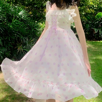 Japonijos Saldus lolita dress Aukšto Juosmens Diržas Polka Dot Raukiniai Nemirtingas Dungaree Suknelė Moterų Vasaros lolita princess dress